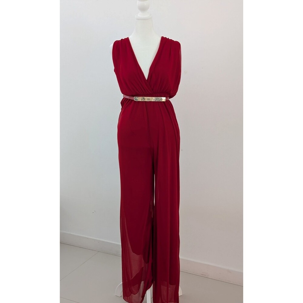 Dulce Carola Jumpsuit Women M Red V-Neck Sleeveless Wrap Wide Leg Overlay